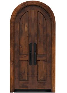 a wooden door with an arched top and sidelights on the bottom, in front of a white background