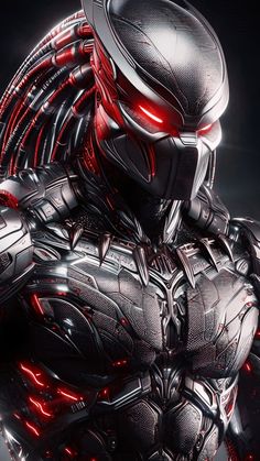 an alien man with red lights on his face and chest, standing in front of a black background