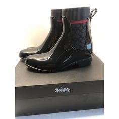 Coach Rubber Rain Boots Sz 7 Black Patent Logo Stretch Pullon Boots Styleg5255. Casual High Ankle Black Boots, Black Ankle Boots For Winter, Black Waterproof Rain Boots With Round Toe, Black Flat Heel Winter Boots, Black Flat Heel Boots For Winter, Trendy Black High Ankle Boots, Casual Black Rain Boots, Casual Black Ankle Boots, Trendy Fall Rain Boots With Round Toe