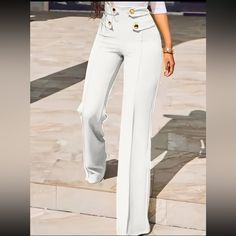 Button Decor High Waist Straight Leg Pants - Elegant, Loose Fit, Comfortable, Versatile Boutique Brand Apparel Boutique Sizing Chart (Size Tags Are In Letters): Standard Sizes: Xs (2), S (4), M (6), L (8/10), Xl (12), Xxl (14) !!*Please Note*!! *This Is A Pre-Order Item And Requires A Longer Than Usual Shipping Time. Please Allow 7-14 Business Days Before Shipping.* Please Consider This Time Frame Before Placing Your Order. Thank You For Your Patience And Understanding, As This Helps Us Manage O Elegant Wide Leg Pants With Button Cuffs For Work, High Waist Wide Leg Pants With Buttons For Office, Office Wide Leg Pants With Button Closure, Wide Leg Office Dress Pants, Wide Leg Dress Pants With Button Closure For Office, Office Pants With Button Cuffs, Straight Office Pants With Button Cuffs, Elegant Office Pants With Button Closure, Elegant Wide Leg Trousers With Button Cuffs