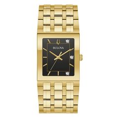 Introducing a new tank-style men's watch from the Modern Collection by Bulova, the 30mm yellow gold tone stainless steel case is topped with an edge-to edge-black faceted metalizing mineral crystal. The rectangular black dial showcases three diamonds and gold-tone stick indexes. The yellow gold tone stainless steel bracelet secures with a deployment. The watch is water-resistant to 30 meters, and features a quartz movement. 5 O Clock, Jared The Galleria Of Jewelry, Marc Anthony, Markers Set, Diamonds And Gold, Brown Diamond, Luxury Watches For Men, Black Square, Diamond Watch