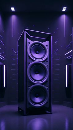 a large speaker sitting in the middle of a room with purple lights on either side of it