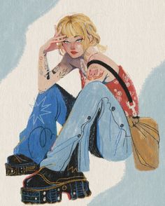 a drawing of a woman sitting on the ground with her hand to her face and holding a purse