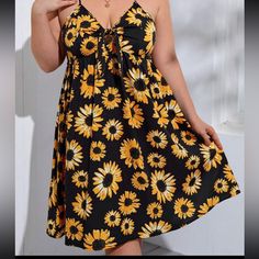 Sunflower Print Cami Dress In Size 0x(12) Brand New Never Worn Yellow Sundress With Sunflower Print For Summer, Yellow Sunflower Print Dress For Beach, Casual Yellow Sunflower Print Dress, Yellow Sunflower Print Beach Dress, Yellow Sleeveless Sundress With Sunflower Print, Casual Sunflower Print Beach Dress, Dresses Sunflower, Shein Dress, Shein Dresses