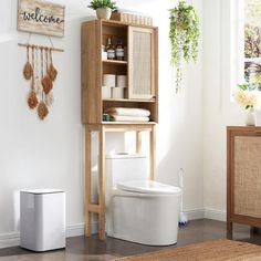 a white toilet sitting in a bathroom next to a wooden shelf with plants on it