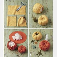 four pictures showing how to make pumpkins with felt and cotton balls on the table