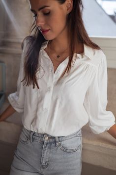 White Apolline Shirt – Easy Clothes North America Parisian Winter, Clothes Europe, Shirt Collar, Long Sleeve Shirt, Spring Fashion, Sleeve Shirt, Fitness Models, Button Up, Long Sleeve Shirts