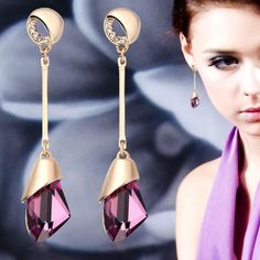 Luxury Water Drop Earrings For Women Fashion Geometric Crystal Gold Color Earrings Jewelry Geometric Crystal, Water Drop Earrings, Fashion Geometric, Color Water, Purple Earrings, Long Drop Earrings, Indian Earrings, Earrings Accessories, Earrings Elegant