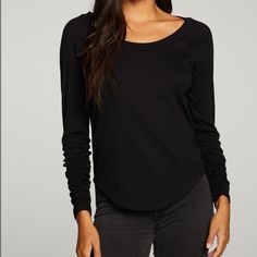 Rib Shirred Long Sleeve Scoop Neck Top From Chaser. Black. Size Small. New With Tags Attached. Fall Long Sleeve Top For Layering With Scoop Neck, Fall Long Sleeve Scoop Neck Top For Layering, Chic Solid Tops With Scoop Back, Chic Solid Color Tops With Scoop Back, Chic Stretch Tops With Scoop Back, Chic Everyday Tops With Scoop Back, Casual Everyday Top With Scoop Back, Casual Tops With Scoop Back For Everyday, Casual Scoop Back Top For Everyday