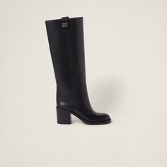 Black Leather Boots | Miu Miu Black Boots Aesthetic, Boots Aesthetic, Miu Miu Logo, Leather Knee Boots, Patent Leather Boots, Brown Leather Boots, Rubber Heels, Black Leather Boots, Suede Booties