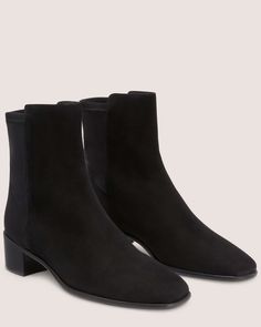 City Block Square-Toe 45 Bootie | Stuart Weitzman Medium Width High Ankle Chelsea Boots With Stacked Heel, Fitted Ankle-high Heeled Boots With Leather Sole, Fitted Chelsea Boots With Stacked Heel For Fall, Fitted Heeled Boots With Heel Pull Tab For Fall, Fitted Fall Heeled Boots With Heel Pull Tab, Suede High Ankle Boots With Sculpted Heel, Formal Chelsea Boots With Medium Width And High Ankle, Classic Fitted Boots With Heel Tab, Heeled Boots With Leather Sole, Medium Width, High Ankle