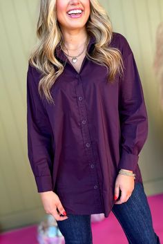 This stylish top will be a great addition to your wardrobe. Its solid long sleeve design, collared neckline and pleated back detail make for an easy and unique look. Add some style to your closet with this fashionable Purple Button Front Pleated Back Long Sleeve Top. 65% Cotton, 35% Polyester Model is 5’5, size 6 wearing a Small View the Size Chart Classic Solid Color Fall Shirt, Chic Solid Long Sleeve Shirt, Chic Long Sleeve Solid Shirt, Fall Shirt With Collared Neckline For A Day Out, Collared Shirt For Day Out In Fall, Chic Fall Shirt With Collared Neckline, Chic Long Sleeve Solid Color Shirt, Solid Color Long Sleeve Shirt For Night Out, Classic Long Sleeve Solid Color Blouse