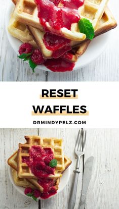 two plates with waffles and raspberries on them, one is topped with syrup