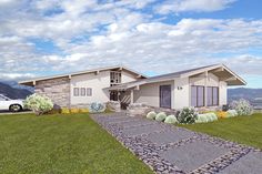 this is an artist's rendering of a house in the desert with rocks and grass