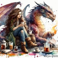 a woman sitting on a bench next to a dragon and cup of tea with two mugs