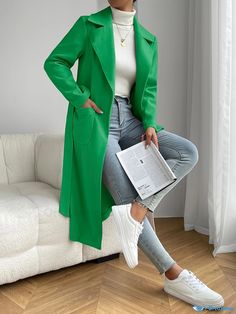 Orcajump - Solid Open Front Jacket, Casual Long Sleeve Lapel Long Length Trench Coat, Women's Clothing Open Front Jacket, Coat Women, Color Fabric, Style Elegant, Long Length, Front Open, Fabric Color, Trench Coat, Women's Clothing