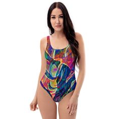 You'll love this attractive colorful abstract design one-piece swimsuit which features splashes of multiple colors. This bright colorful summer swim suit  is indeed eye catching. This rainbow colored designer swim wear comes in various sizes and its flattering design will bring out your best features. You'll love the smooth fabric that gently hugs your body. Show off this trendy swim wear by the sea or pool this summer! * 82% Polyester, 18% Spandex * Fabric weight: 6.61 oz/yd² (224 g/m²) * Chlor Bathing Suit Plus Size, Modest Bathing Suit, Hawaiian Floral Print, Swimsuit For Women, Swimsuit Collection, Floral Prints Pattern, Costume Intero, Summer Swim Suits, Swimsuits For All