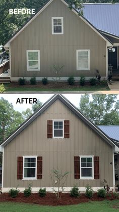 before and after pictures of a house that has been painted gray with brown shutters