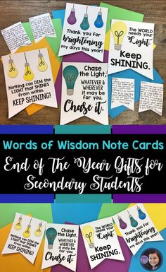 some cards with words that say, words of wisdom note cards and the year gifts for secondary