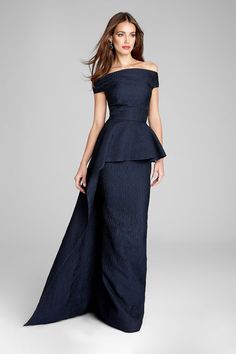 Teri Jon :: Jacquard Side Drape Overlay Gown Navy Evening Gown, Gold Evening Gown, Handbag Inspiration, Mother Of The Bride Dresses Long, Mother Of Bride Outfits, Ruffle Gown, Mother Of The Bride Gown, Quince Dress, Teri Jon