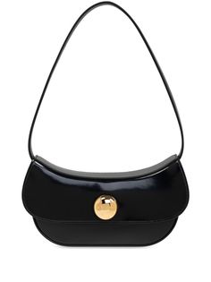 black calf leather patent finish foldover top with magnetic fastening single shoulder strap logo-engraved gold-tone hardware debossed logo to the rear suede lining internal logo patch Classic Black Bags With Glossy Finish, Elegant Black Shoulder Bag With Glossy Finish, Elegant Black Glossy Shoulder Bag, Sleek Black Glossy Shoulder Bag, Black Leather Shoulder Bag With Glossy Finish, Classic Business Shoulder Bag With Glossy Finish, Classic Glossy Business Shoulder Bag, Chic Office Bag With Glossy Finish, Classic Leather Shoulder Bag With Glossy Finish