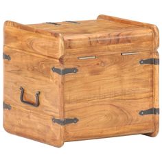 an old wooden box with metal handles