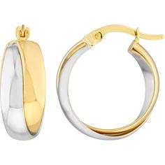 Olas d'Oro Earrings - 14K Yellow and White Gold Two-Tone Overlaping Tube Round Hoop Earrings Formal Hoop Earrings Hallmarked, Formal Hallmarked Hoop Earrings, Elegant Hallmarked Hoop Earrings, Yellow Gold Shiny Finish Hoop Earrings, Formal Hoop Earrings With Polished Finish, Formal Polished Hoop Earrings, Hallmarked Huggie Earrings, Formal Small Hoop Jewelry With Shiny Finish, Elegant Hallmarked Hoop Jewelry