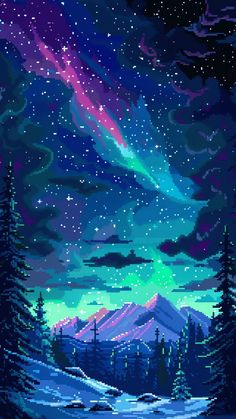 the night sky with stars, clouds and trees in pixel art style illustration on computer screen