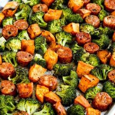 broccoli, sausage and sweet potato casserole in a white dish