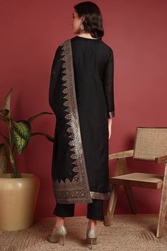 Grab this beautiful 3-piece set. The set comes with ethnic motif printed straight shape kurta has v neck, 3/4th sleeves & calf length teamed with solid trouser pant with side pocket and a dupatta. Color - Black Kurta Fabric-Silk Blend Pant Fabric-Silk Blend Dupatta Fabric - Silk Blend Neck-V Neck Sleeves-3/4th Sleeves Work -Ethnic Motif Print Detailing Washing Instructions-Dry Clean DISCLAIMER - The color of the product may be differ due to screen settings of device. A misprint here and a color Black Kurta, Formal Jewelry, Motif Design, Fabric Silk, Churidar, Suit Set, Fabric Shop, Formal Wedding, Casual Party