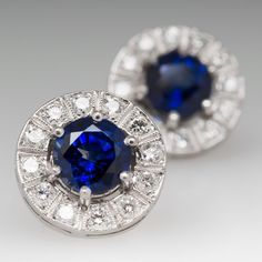 Rich Blue Sapphire & Diamond Halo Stud Earrings Platinum Earrings Studs Diamond, Vintage Sapphire Earrings, Earrings Platinum, Gem Engagement Rings, Vintage Diamond Earrings, Studs Diamond, Estate Diamond Jewelry, Vintage Inspired Earrings, Sapphire And Diamond Earrings