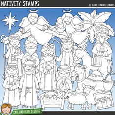 nativity stamps with angels, sheeps and other items for christmas cards or crafts