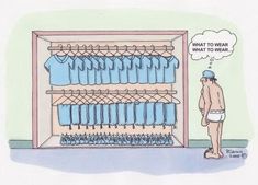 a man standing in front of a rack filled with blue shirts and an empty thought bubble