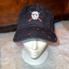 Black With Red Spatter Jason Hat From Friday The 13th. Great To Anchor Your Costume Or Be Your Costume! Definitely A Statement Piece! Halloween Black Snapback Baseball Cap, Black Snapback Baseball Cap For Halloween, Black Halloween Snapback Baseball Cap, Black Snapback Cap For Halloween, Black Fitted Hat With Curved Brim For Winter, Winter Black Fitted Hat With Curved Brim, Black Curved Brim Fitted Hat For Winter, Black Flat Brim Fitted Hat For Winter, Black Trucker Hat For Fan Merchandise