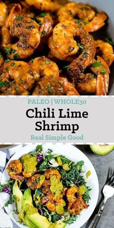 grilled shrimp and avocado salad on a plate with text overlay that reads pale whole 30 chili lime shrimp real simple good