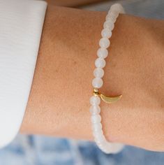 "Moonstone: intuition, inspiration, healing △ Handmade in Canada △ Natural Moonstone 4mm △ Gold vermeil moon △ Durable stretch cord △ Gemstones are 100% genuine  L E N G T H Please measure your wrist then add 1/2\" to find your best fit. Select chosen size in the drop down menu. Please message me if you have any concerns or want some extra help ♡ Q U A L I T Y  The upmost quality and care goes into sourcing each and every material I use. Gemstones are sourced from Jaipur and Rishikesh, India and Rishikesh India, Gemstone Properties, Bracelet Stacking, Moonstone Bracelet, Rishikesh, Emotional Balance, Gorgeous Bracelet, Feminine Energy, Gemstone Bracelets