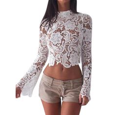 LACE CROP FLARE SLEEVE - B ANN'S BOUTIQUE Top In Pizzo, Lace Turtleneck, White Lace Crop Top, Lace Blouse Long Sleeve, Short Blouses, White Lace Blouse, White Lace Top, Handkerchief Hem, Women Long Sleeve Tops