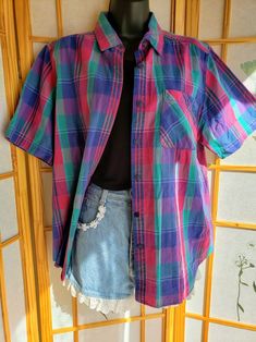 Casual Purple Shirt With Buttons, 90s Short Sleeve Tops With Button Closure, Casual Purple Shirt With Button Closure, 90s Style Collared Shirt With Button Closure, 90s Style Cotton Button-up Shirt, Blue 90s Style Shirt For Spring, 90s Style Blue Spring Shirt, 90s Style Blue Shirt For Spring, 90s Style Summer Tops With Button Closure