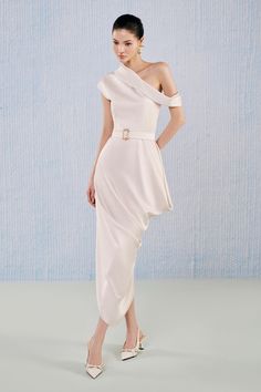 Crafted from a luxurious silk blend, its unique diagonal neckline and ankle length design will make a statement at any event. Be the epitome of sophistication and elegance in this exclusive dress. Formal Pre-draped One Shoulder Dress, Asymmetrical Pre-draped Evening Dress For Gala, Formal Pre-draped One Shoulder Dress With Asymmetrical Neckline, Elegant Asymmetrical Evening Dress, Formal One Shoulder Dress With Asymmetrical Neckline, Formal One-shoulder Dress With Asymmetrical Neckline, Pre-draped Asymmetrical Cocktail Midi Dress, Pre-draped Asymmetrical One Shoulder Formal Dress, Pre-draped One-shoulder Evening Dress