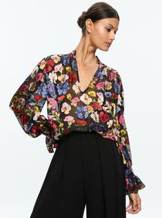 Onica Collared Blouse In Timeless Blossom | Alice + Olivia Floral Chiffon Top, Trousers Details, Romantic Blouses, Collared Blouse, Pencil Skirts, Mini Shirt Dress, Sheer Fabric, Floral Chiffon, Collar Blouse