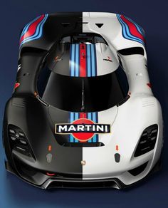 a white and blue race car with the word martini on it