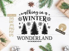 christmas trees and presents with the words walking in a winter wonderland