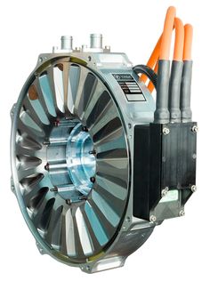 an electric motor with orange wires attached to it's rotors on a white background