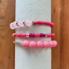 Set of three (3) stretch cord bracelets. Made with lots of love ! ❤️ ▪️colors: pink | rose gold Adjustable Casual Rose Quartz Bracelets, Casual Adjustable Rose Quartz Bracelets, Pink Adjustable Stretch Bracelet, Fun Style, Hand-strung Rose Quartz Bracelet, Adjustable Rose Quartz Stretch Bracelet, Spiritual Style, Glass Bracelet, Cute Bracelets, Seed Bead Bracelets, Cord Bracelets