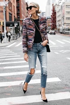 IRO Multicolored Tweed Jacket Denim Ripped Skinny Jeans Gucci Marmont Handbag Christian Louboutin Black Pumps Fashion Jackson Dallas Blogger Fashion Blogger Street Style NYFW Tweed Jacket Outfit, Stile Casual Chic, Black Tees, Fashion Jackson, Fashion Blogger Style, Outfit Trends, Looks Chic