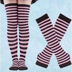 Nwt 1-Pair Striped Pattern Over The Knee Socks And 1-Pair Gloves Striped Stretch Socks For Winter, Stretch Striped Socks For Winter, Striped Socks For Winter Stocking Stuffer, Striped Socks For Stocking Stuffers In Winter, Winter Striped Stretch Socks, Pink Fitted Footless Stockings, Fitted Footless Pink Stockings, Trendy Pink Knee-high Socks For Winter, Trendy Pink Footless Leg Warmers