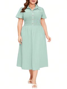 [Soft Material]Made of 100%polyester fabric, which is soft, lightweight, and comfortable to wear.
[Summer Shirt Dress for Women] Collar V Neck, flutter sleeves, button down front(top three buttons are real), chest with smocked design(which is more stylish and makes the chest more comfortable), elastic high waist, midi length, A-line, flared flowy sundress, women's shirt dress, plus size business casual dress.
[Occasion]Suitable for work, business, office, summer beach vacation, holiday, travel, Plus Size Dress Summer, Plus Size Business Casual, Summer Shirt Dress, Shirt Dress Plus Size, Midi Dress Short Sleeve, Plus Size Business, Shirt Dress For Women, Flowy Sundress, Business Casual Dress