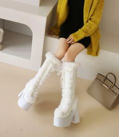 Womens Fashion Rabbit Fur Lace Up Platform Chunky Heel Knee High Boots Shoes DIJ | eBay