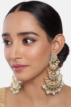 Buy Women's Alloy Chandbali Earring in Turquoise Online Intricate Earrings, Golden Earring, Pearl Work, Chandbali Earrings, Golden Earrings, America Flag, Gorgeous Earrings, How To Look Classy, Earring Set