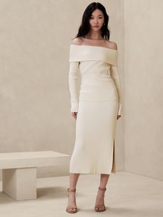 Off-Shoulder Sweater | Banana Republic Factory Christmas Style Outfit, Work Sweater Dress, Winter Graduation Outfit, Wedding Shower Outfit, Christmas Dresses For Women, Winter White Outfit, Midi Sweater Skirt, White Outfits For Women, Christmas Dresses